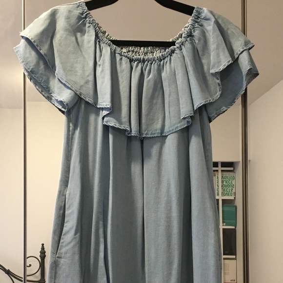 Zara Ruffled Off-the-shoulder Chambray Mini Dress - Picture 7 of 8